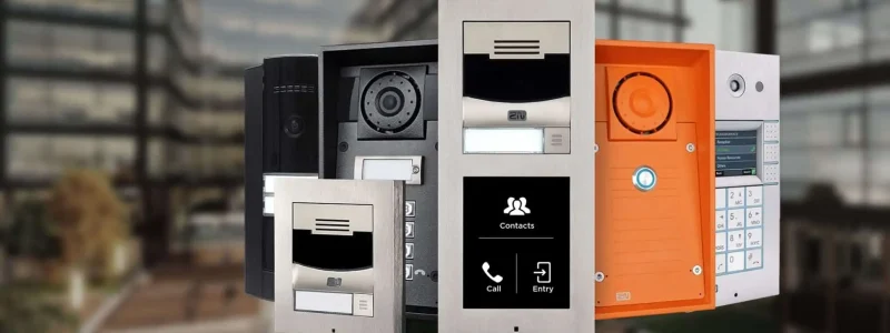 Verkada Installers A variety of intercom systems and access control panels by Jendy Physical Security are displayed in front of a blurred building, showcasing different designs, colors, and features such as cameras, keypads, and touchscreens.
