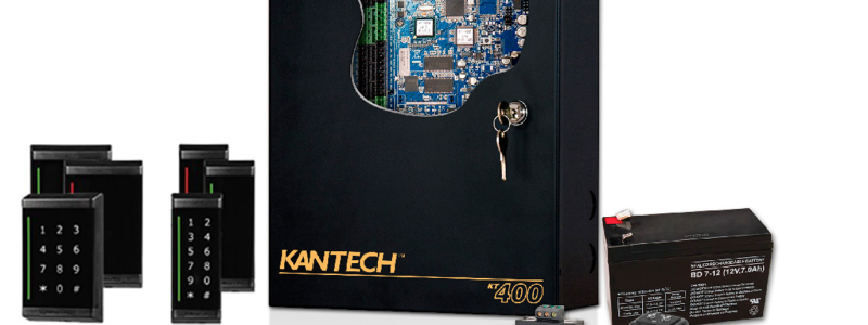 Verkada Installers A Kantech access control system kit from Jendy Physical Security, including a black control panel with circuit board, two card readers with keypads, power supply, backup battery, USB stick, four key fobs, and more electronic accessories.