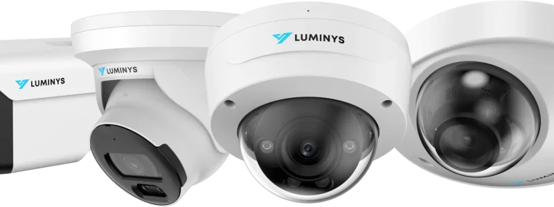 Verkada Installers Four different white security cameras with Luminys branding, including dome, bullet, and turret styles, are shown lined up side by side on a transparent background—ideal for Jendy Physical Security or Verkada installers.