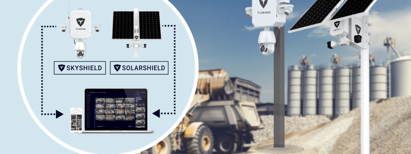 Verkada Installers A security camera system with solar panels labeled “SolarShield” and “SkyShield” is shown in use at a construction site, installed by Verkada Installers Jendy. An inset highlights system components and a monitor displaying camera feeds.