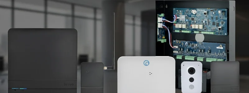 Verkada Installers A variety of black and white Brivo security devices, including access control panels, a key card reader, and a white security camera, are displayed on a table in an office setting by Jendy Physical Security experts.