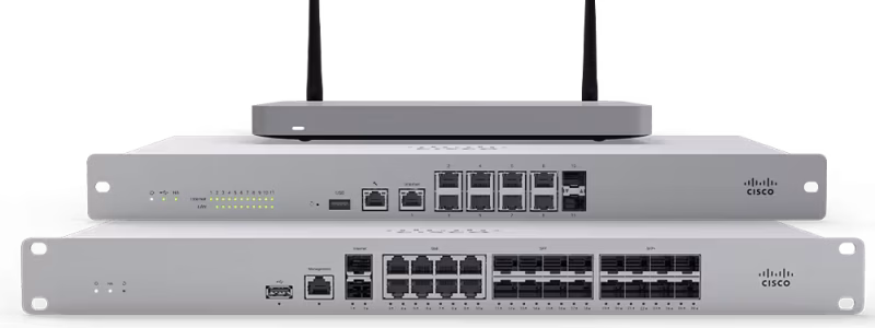 Verkada Installers Three Cisco network devices are stacked: a wireless router with two antennas on top, a rack-mounted firewall in the middle, and a rack-mounted switch with multiple Ethernet ports on the bottom—ideal for Jendy Physical Security or Verkada installers.