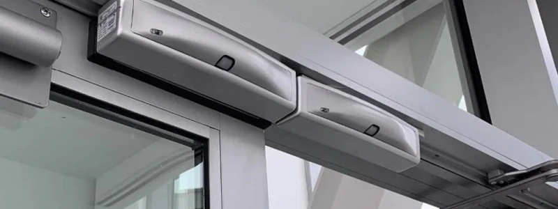 Verkada Installers Two silver automatic door openers are mounted above a glass door, attached to a metal frame in a modern building with large windows by Verkada Installers, enhancing Jendy Physical Security.